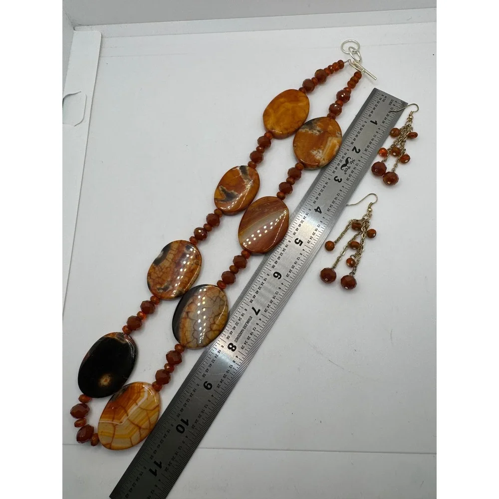 Fire Agate Chunky Beaded Necklace and Dangle Earrings Set Orange Brown Boho